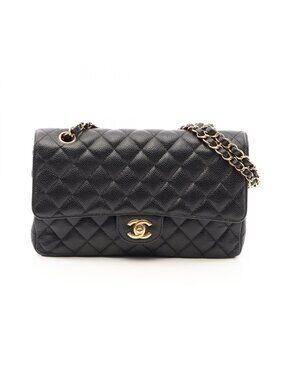 Chanel Shoulder Bag Quilted Double Flap Black Caviar Leather Chain